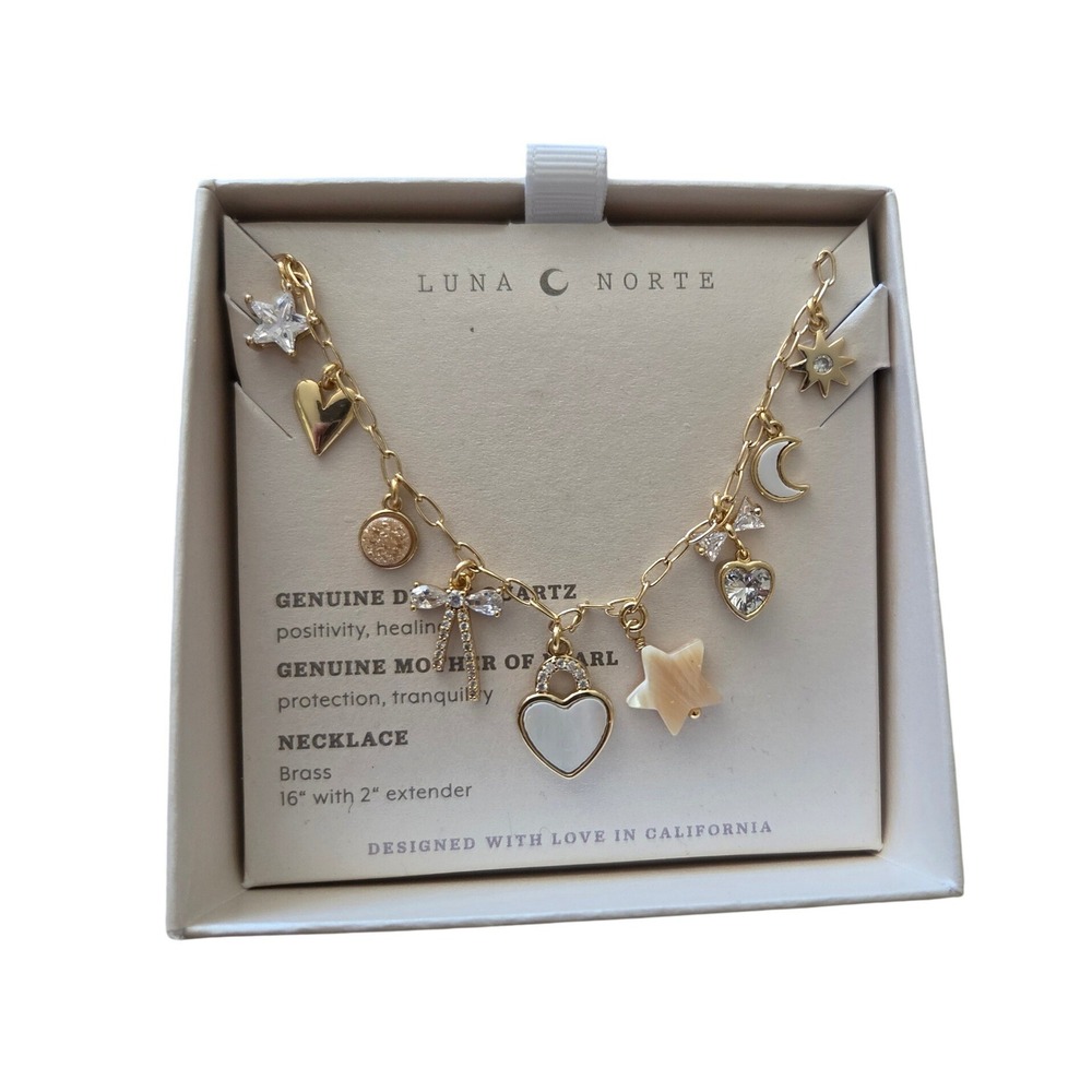 Luna Norte Charm Necklace Womens 16-18in Gold New Druzy Mother Pearl Celestial